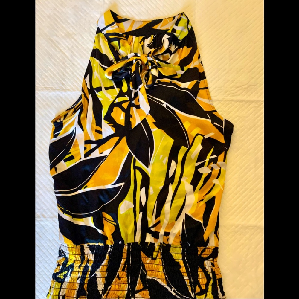 Caché 100% silk vintage Y2K Floral Halter high Neck Smocked waist top XS
